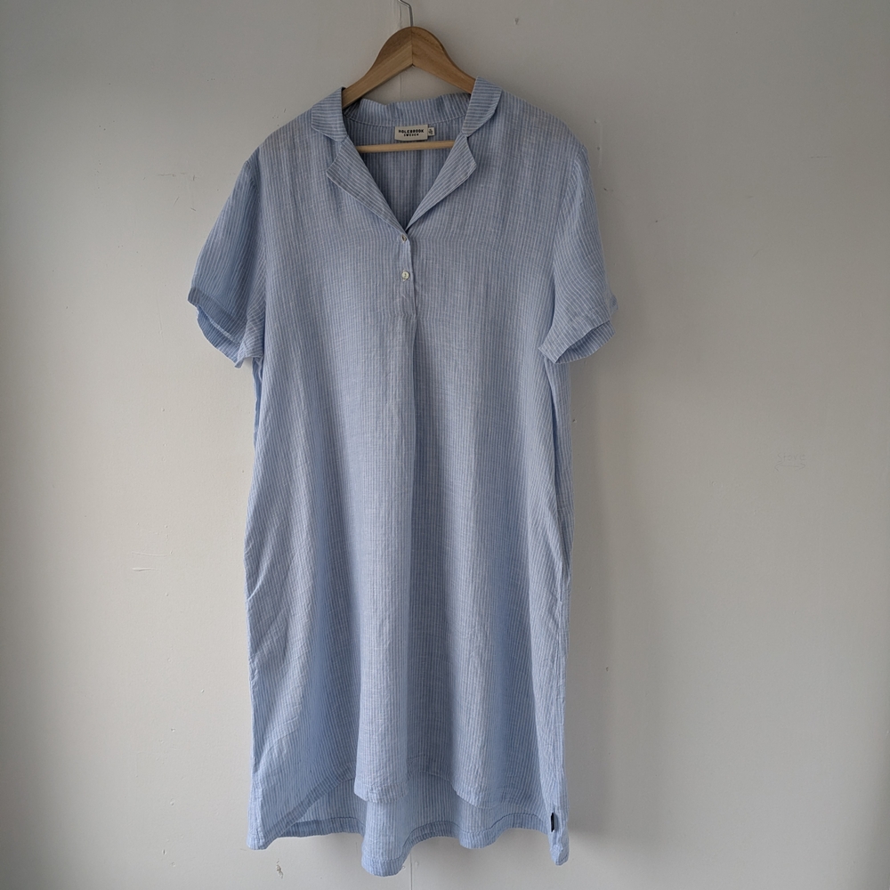 Holebrook Sweden Light Blue Striped 100% Linen Relaxed V-Neck Dress
